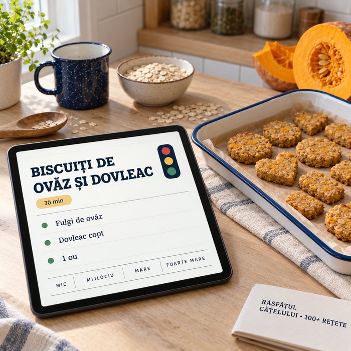 Tableta cu rețeta de biscuiți de ovăz și dovleac, lângă o tavă emailată cu biscuiți aurii