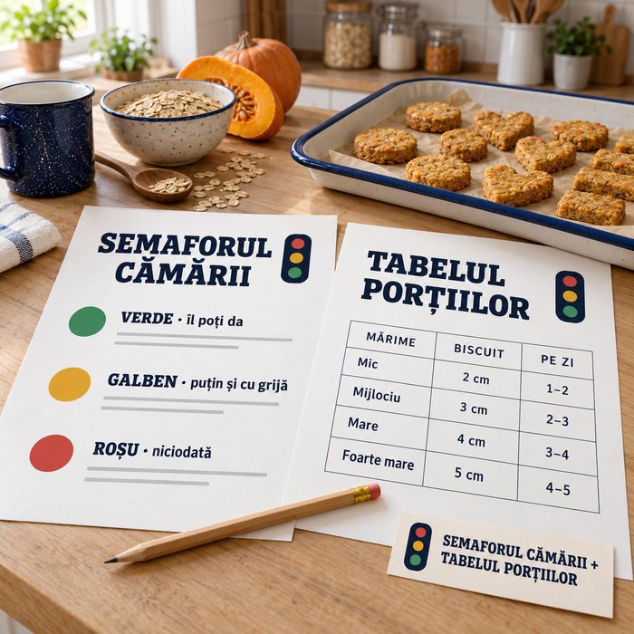 Foile Semaforul Cămării și Tabelul porțiilor, una lângă alta pe blat