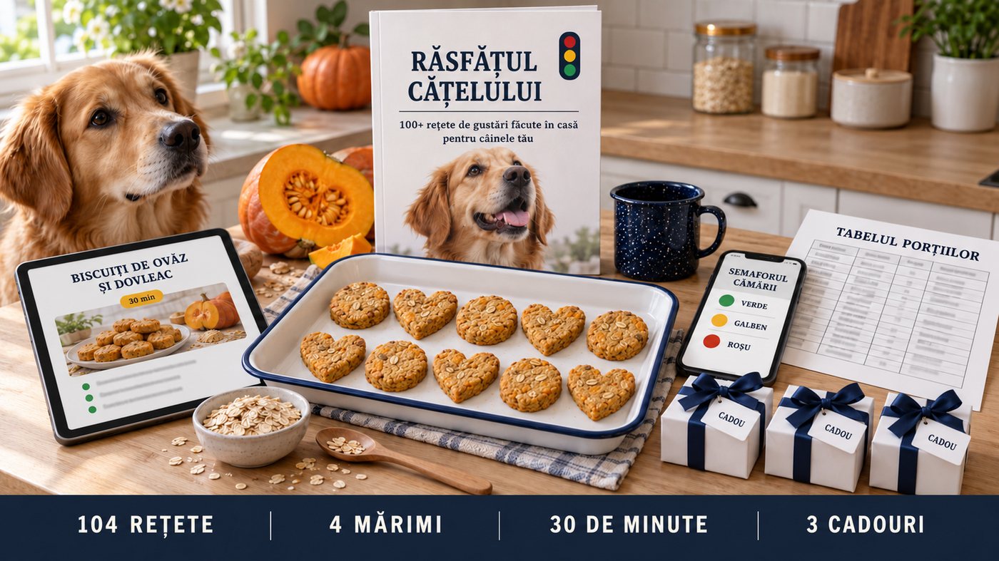 Răsfățul Cățelului pe blatul din bucătărie: tava cu biscuiți, caietul de rețete, tableta cu prima rețetă, telefonul cu Semaforul Cămării, cutiile-cadou și un câine care se uită la tavă