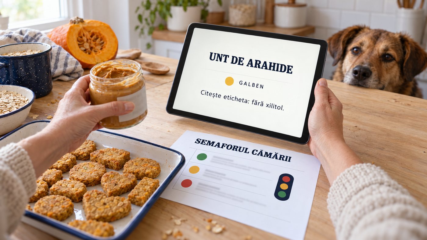 Mâinile unei femei cu un borcan de unt de arahide și tableta care spune „galben: citește eticheta”; în spate, un câine așteaptă lângă blat