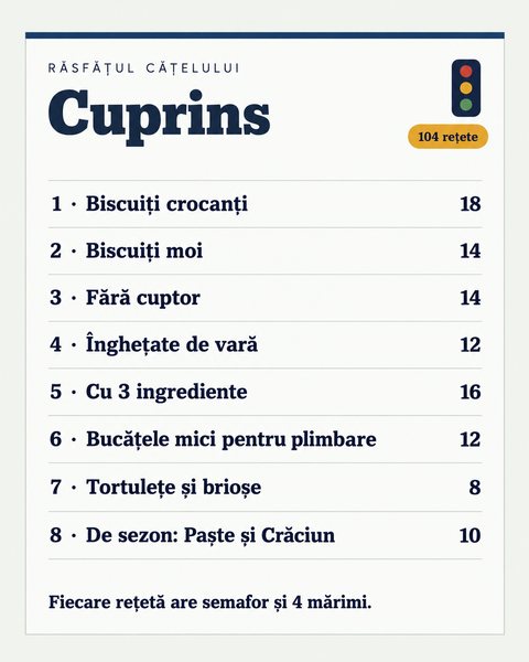 Cuprinsul: cele 8 categorii de rețete